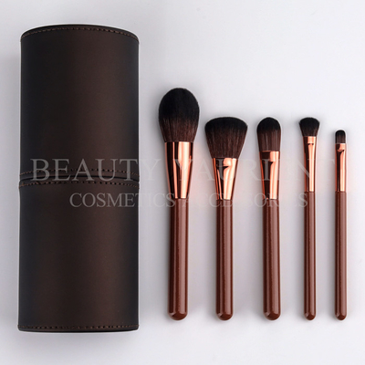แปรงแต่งหน้าด้ามไม้สีน้ำตาล 5 ชิ้นชุดแปรงแต่งหน้าพร้อม Pu Cylinder